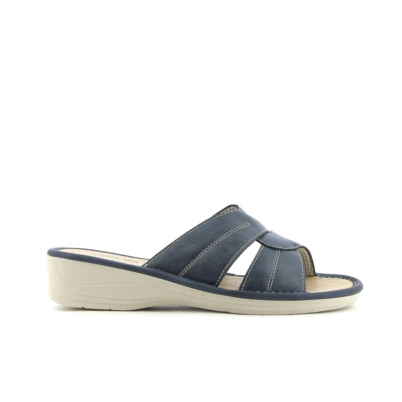 Ciabatte comfort da donna blu in pelle con zeppina