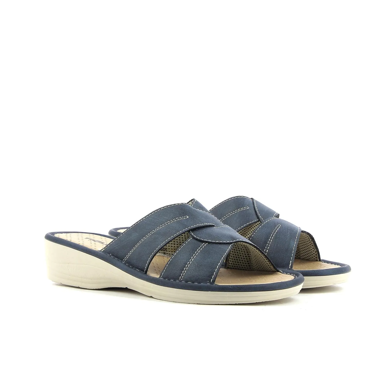 Ciabatte comfort da donna blu in pelle con zeppina