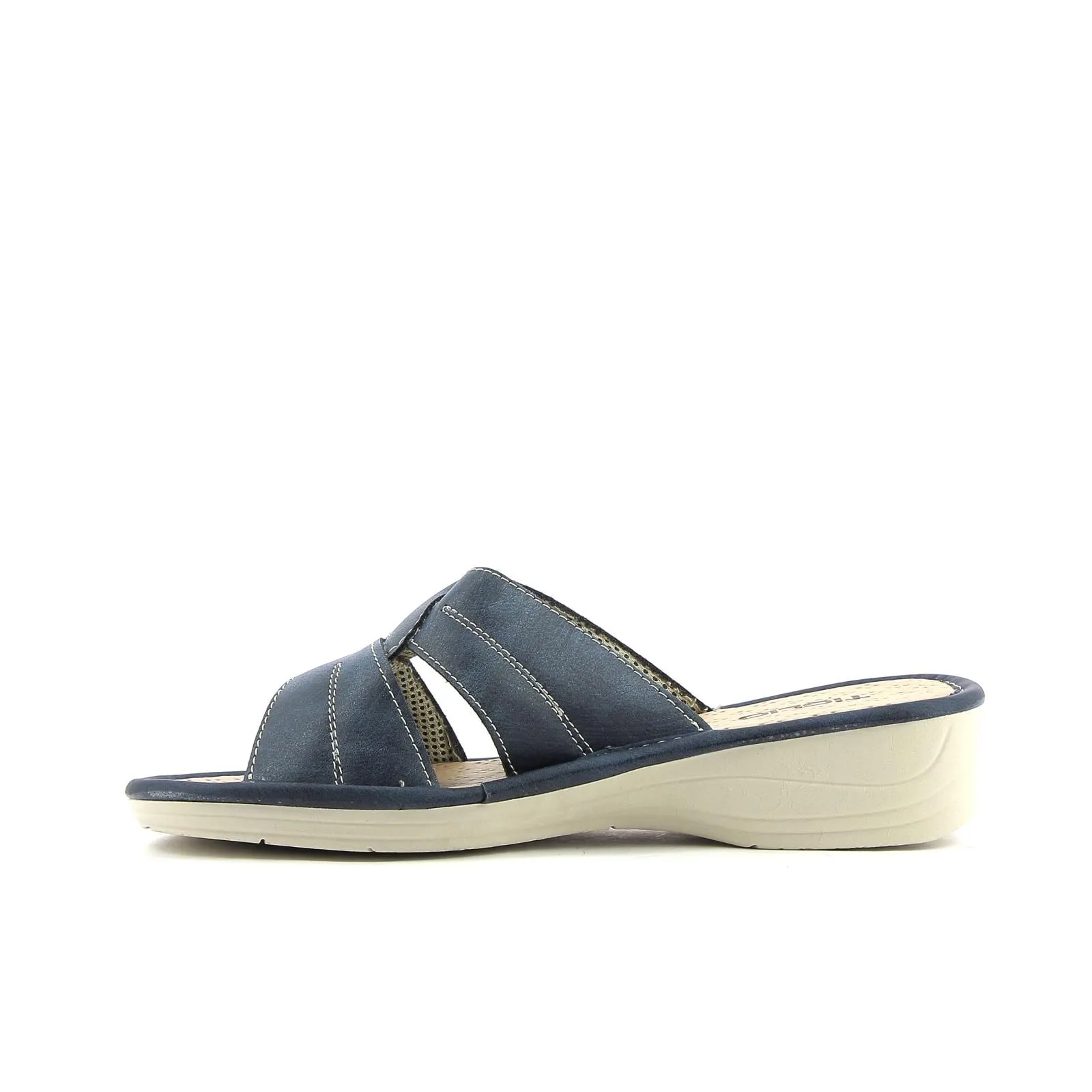 Ciabatte comfort da donna blu in pelle con zeppina