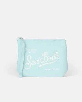Pochette Aline verde acqua in spugna con scritta logo bianca e laccetto