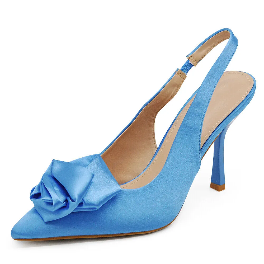 Scarpe Décolleté Da Donna Cerimonia Tacco Elegante Raso Rosa Fiori HF-189