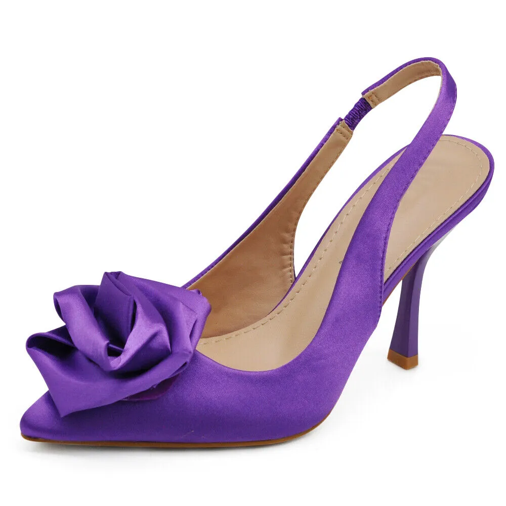 Scarpe Décolleté Da Donna Cerimonia Tacco Elegante Raso Rosa Fiori HF-189