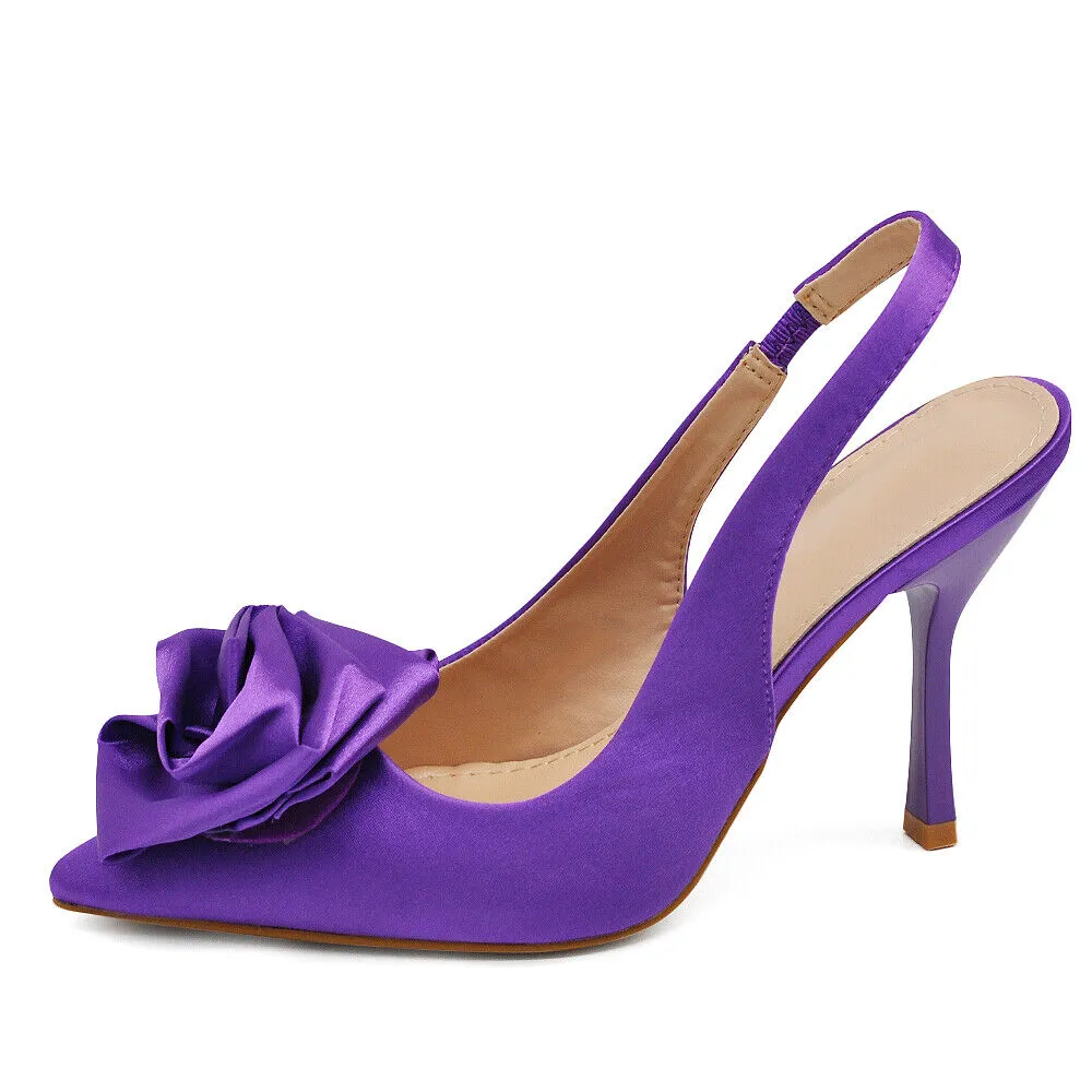 Scarpe Décolleté Da Donna Cerimonia Tacco Elegante Raso Rosa Fiori HF-189