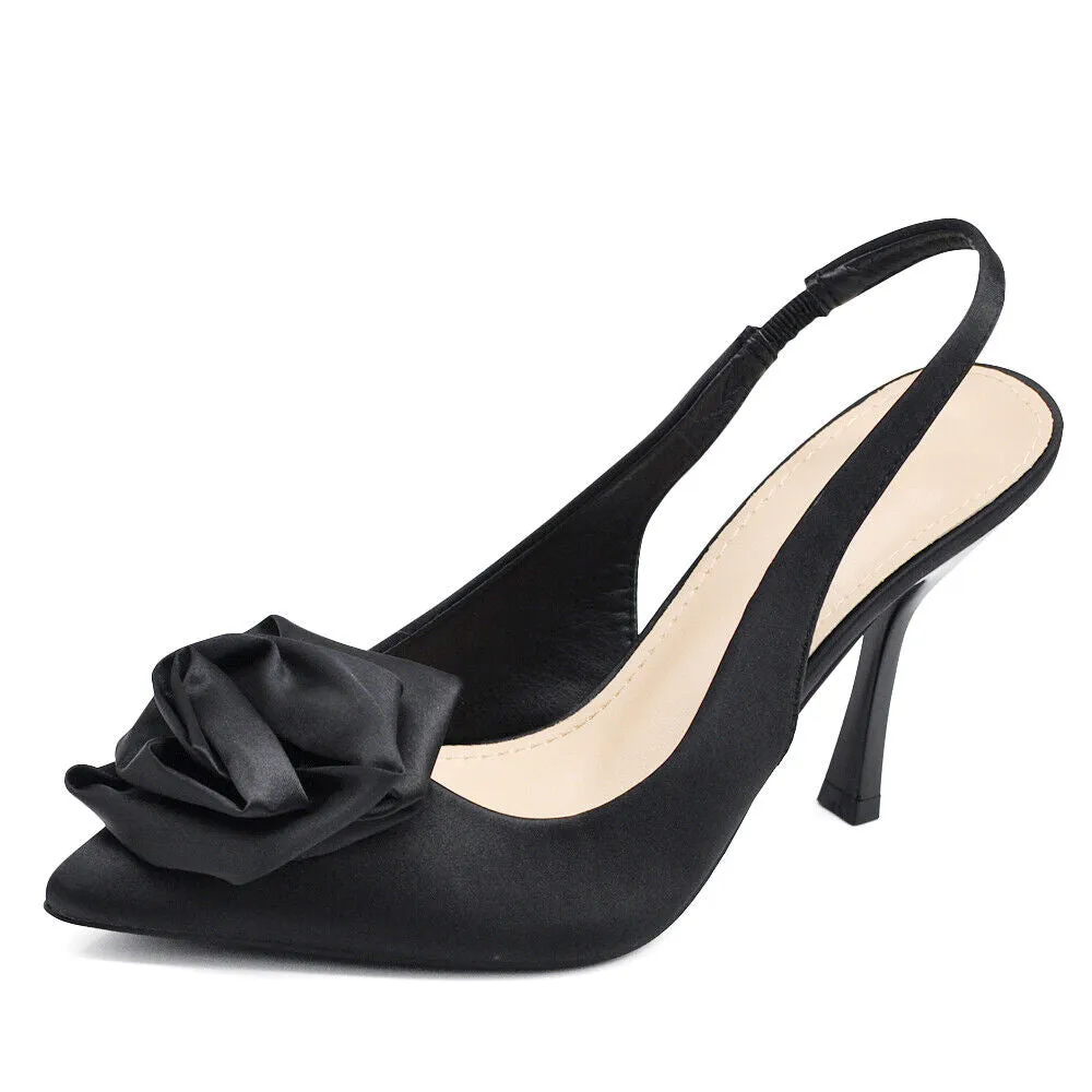 Scarpe Décolleté Da Donna Cerimonia Tacco Elegante Raso Rosa Fiori HF-189