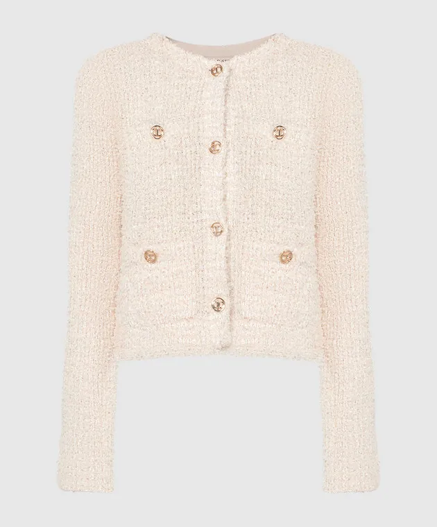 Twinset Cardigan beige in tweed con logo metallico 241TP3601
