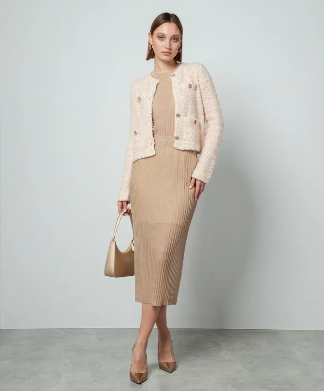 Twinset Cardigan beige in tweed con logo metallico 241TP3601