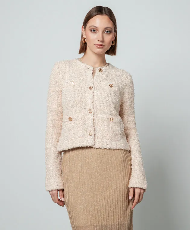 Twinset Cardigan beige in tweed con logo metallico 241TP3601